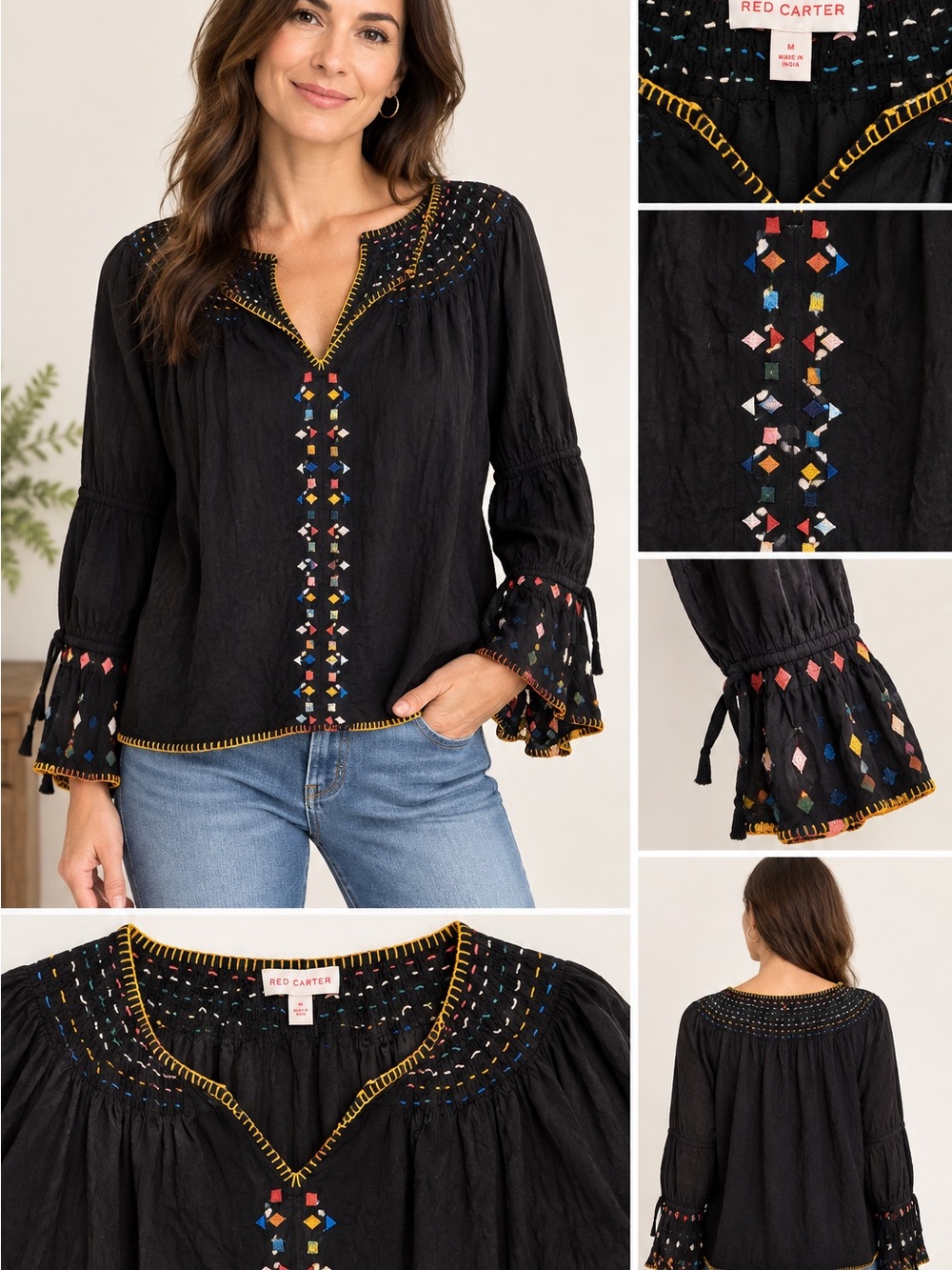 Red Carter Black Embroidered Boho Peasant Top